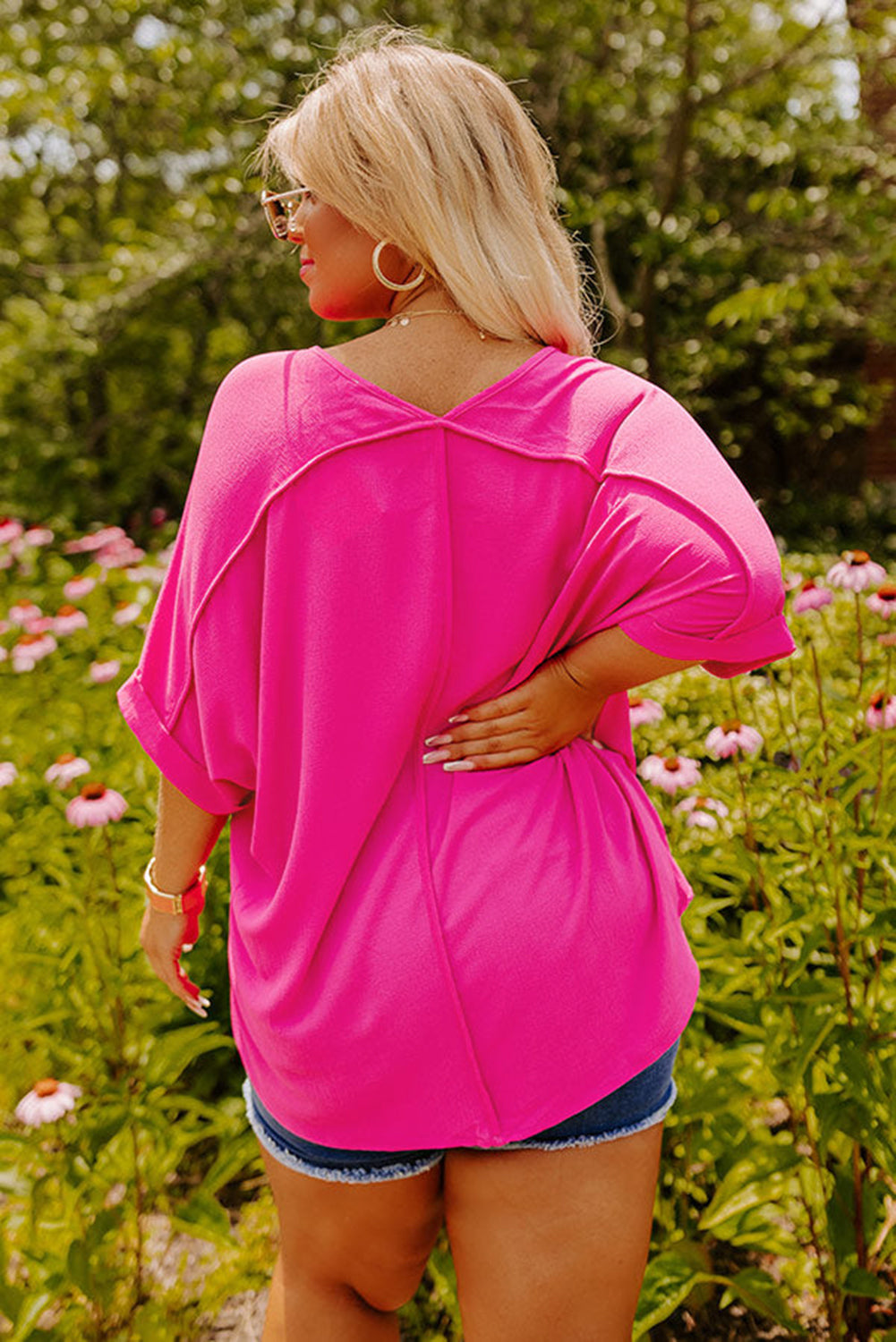 Bright Pink Seamed V Neck Cuffed Sleeve Plus Size Tee
