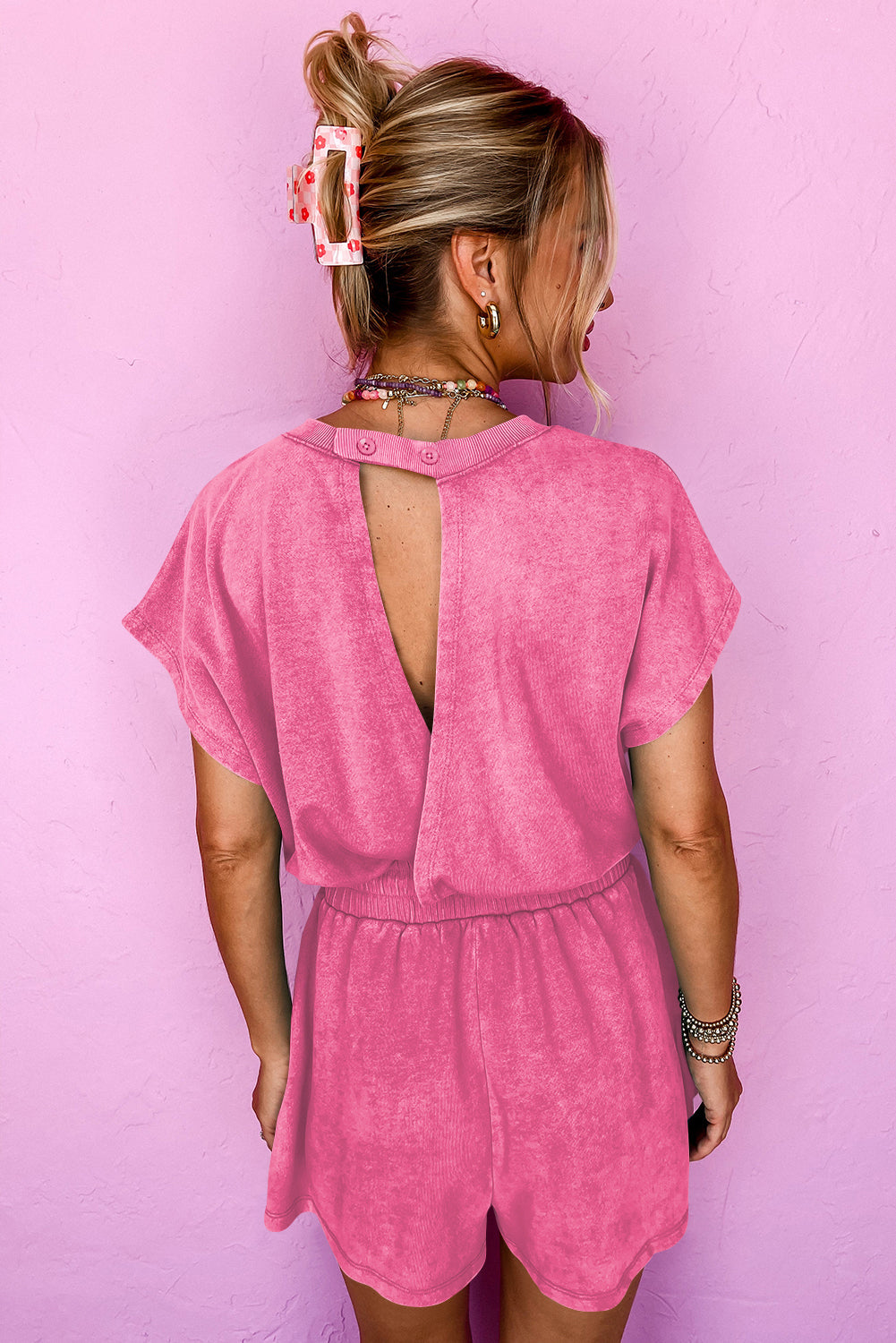 Pink Mineral Wash Hollow Back Short Sleeve Romper