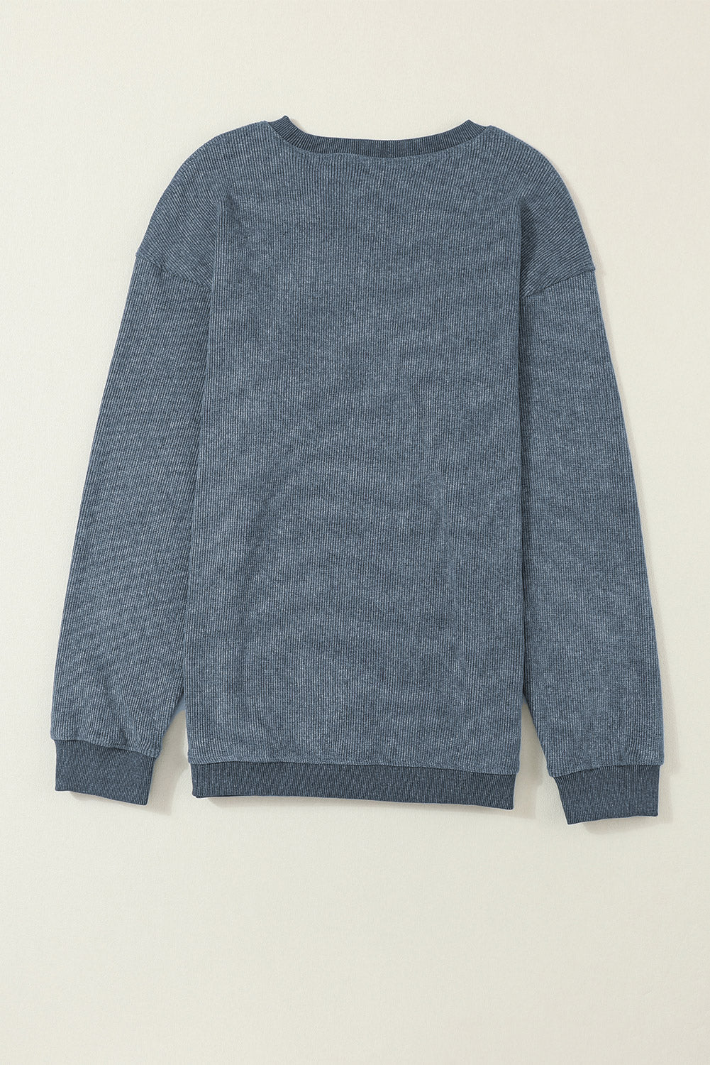 Blue Solid Ribbed Knit Pullover Sweatshirt