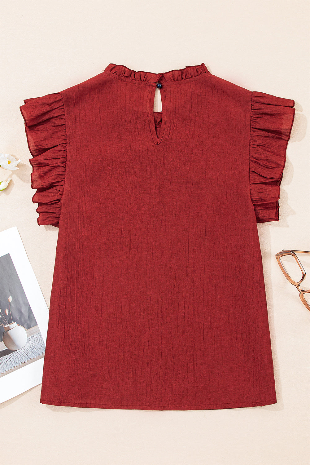 Red Pleated Ruffle Short Sleeve Blouse