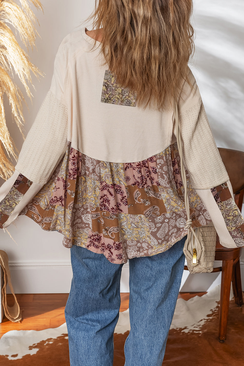 Beige Paisley Print Contrast Long Sleeve Loose Top