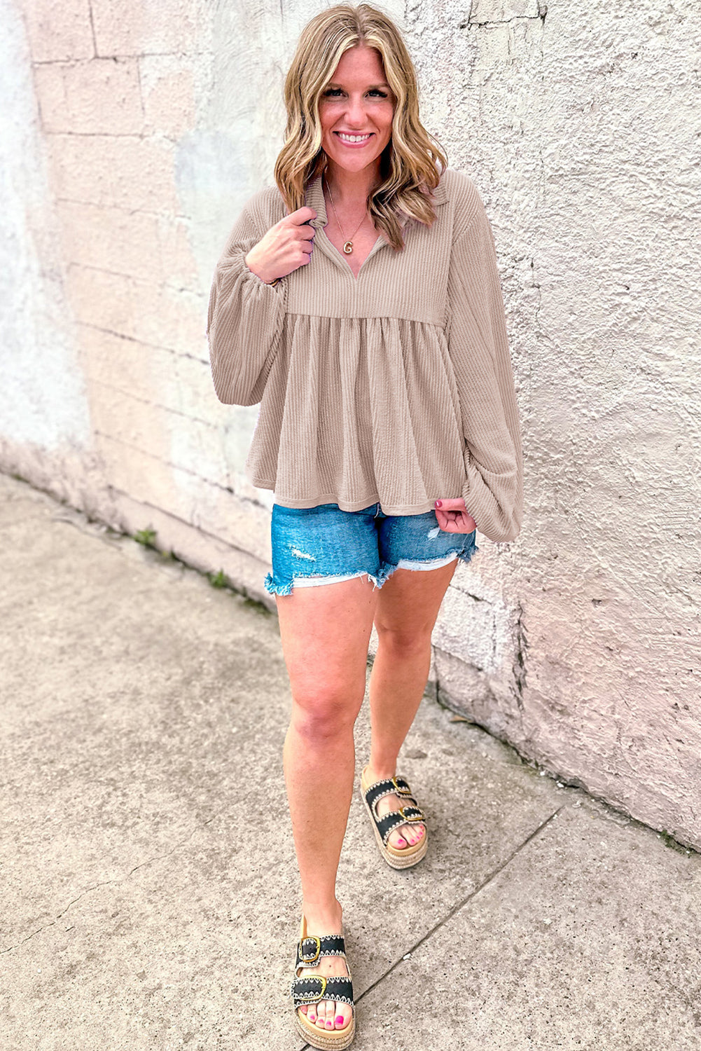 Parchment Corded V Neck Babydoll Blouse