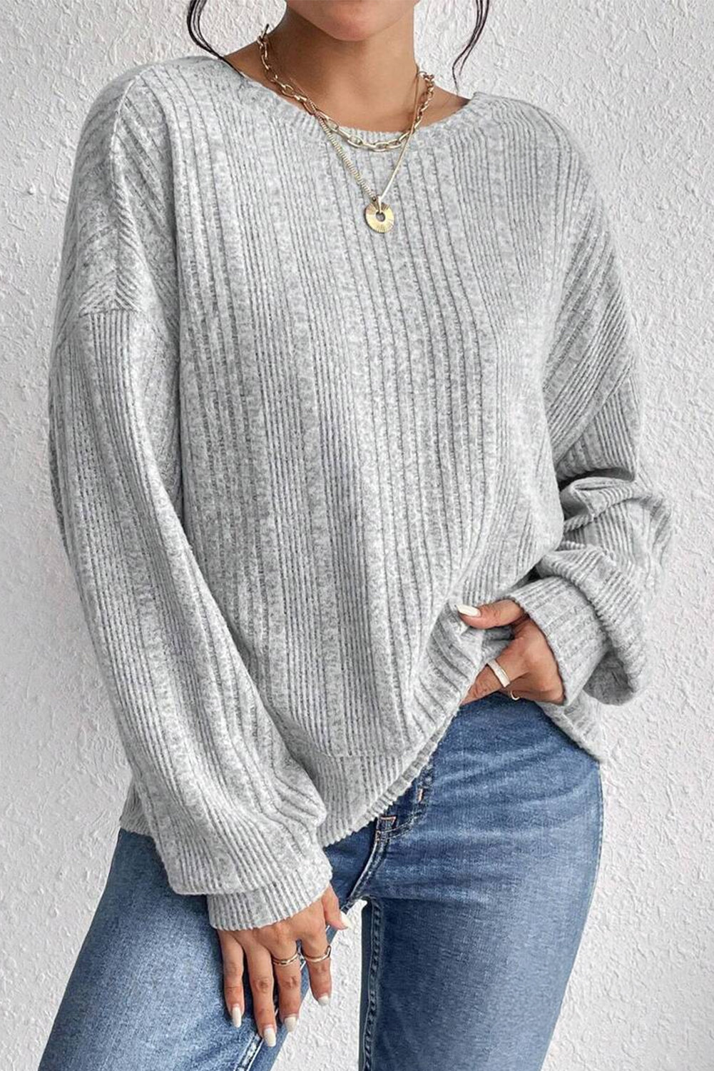 Light Grey Crossover Knit Long Sleeve Top