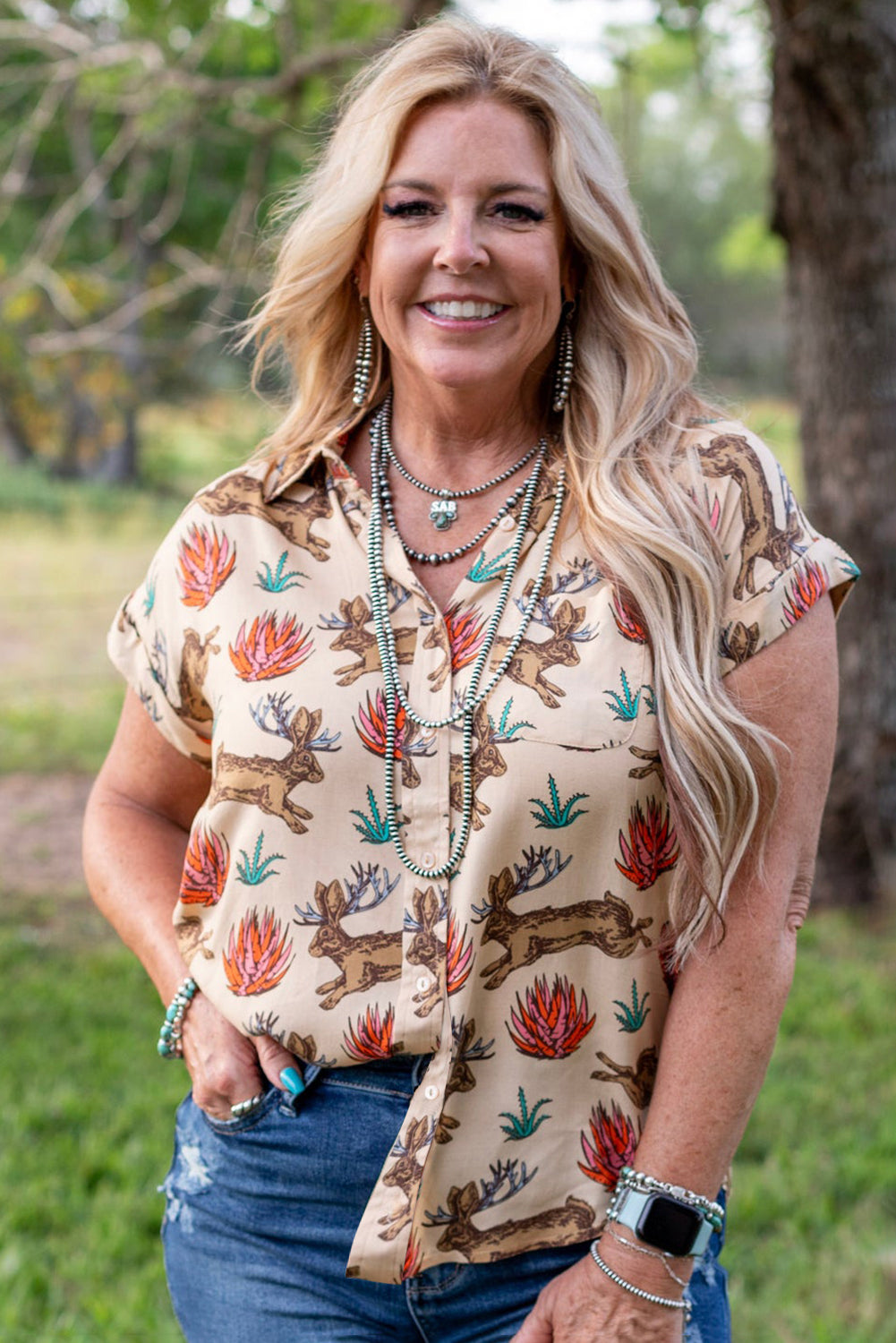 Khaki Plus Size Western Pattern Short Sleeve Shirt