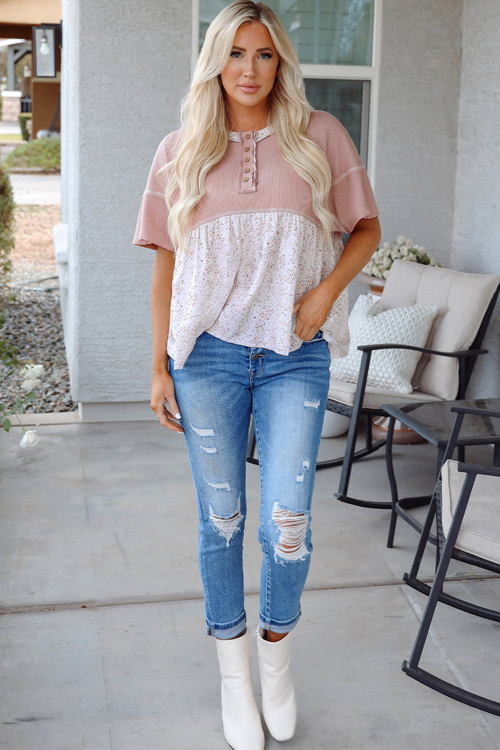 Pink Floral Patchwork Exposed Seam Short Sleeve Top