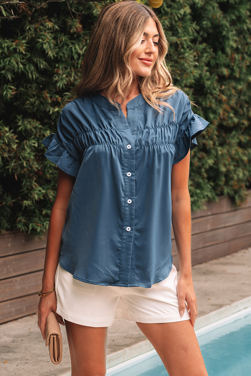 Blue Ruffle Ruched Short Sleeve Buttoned Shirt
