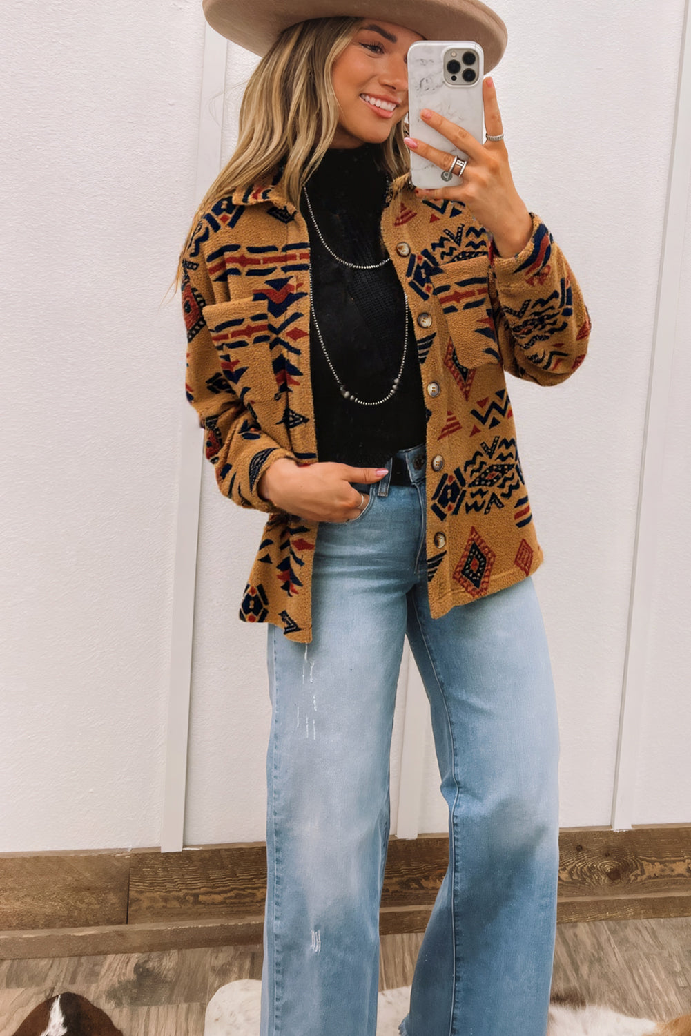Brown Western Aztec Fleece Shacket