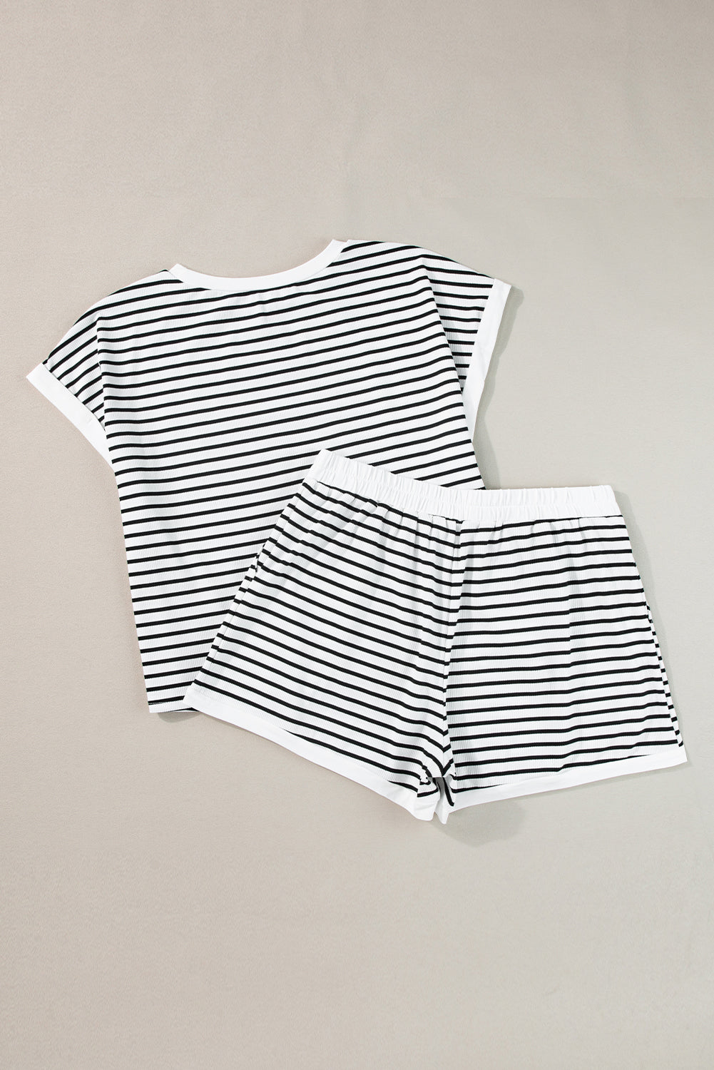 White Stripe Contrast Tee and Shorts Set