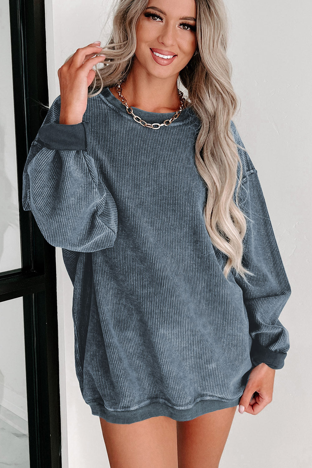 Blue Solid Ribbed Knit Pullover Sweatshirt
