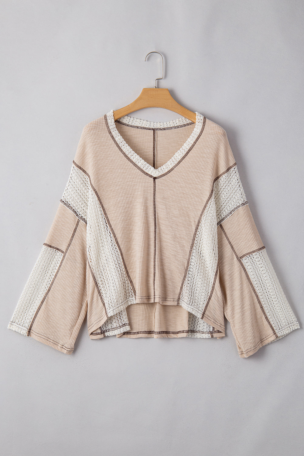 Parchment Crochet Exposed Seam Long Sleeve Top