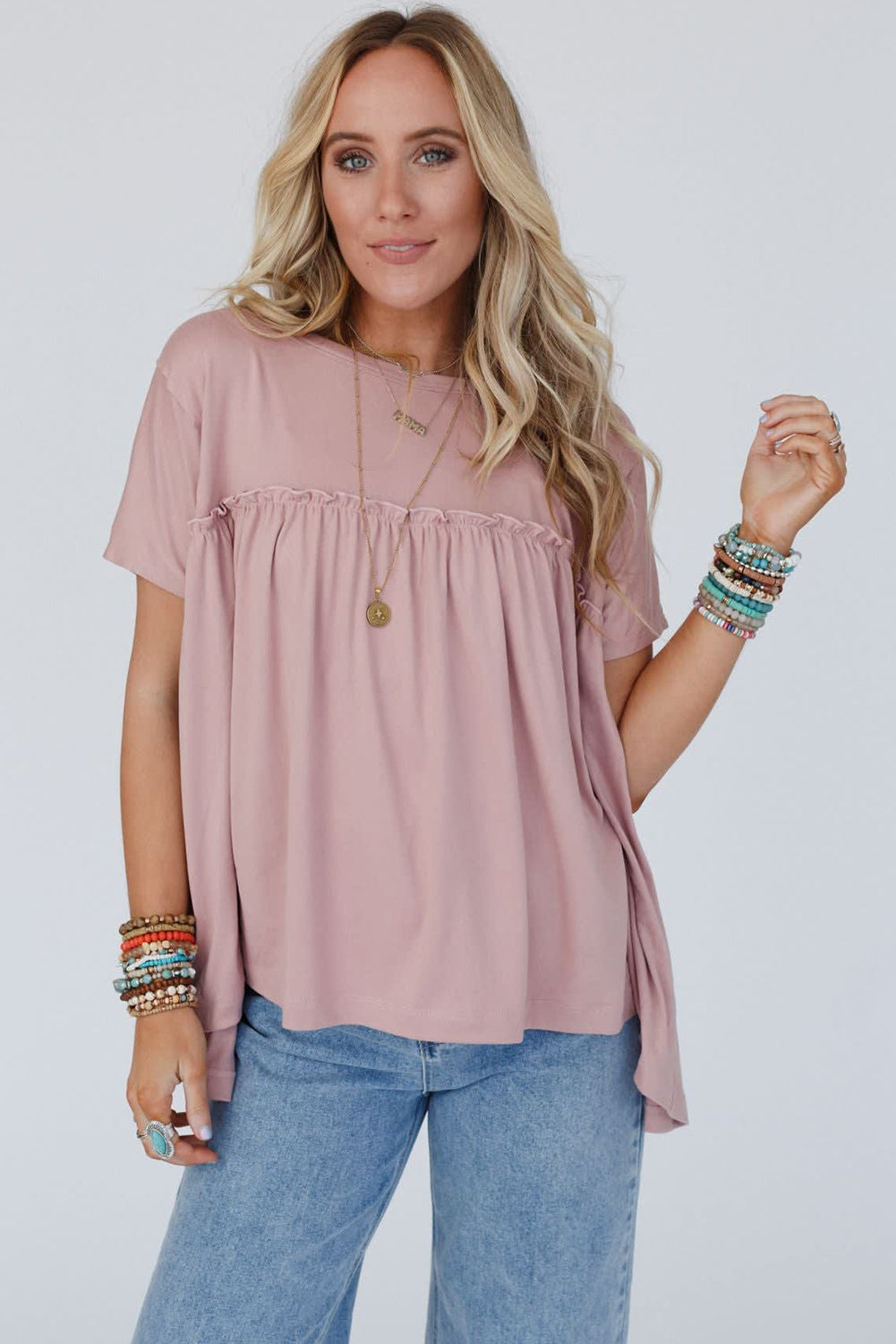 Light Pink Ruffled Trim Babydoll Tee
