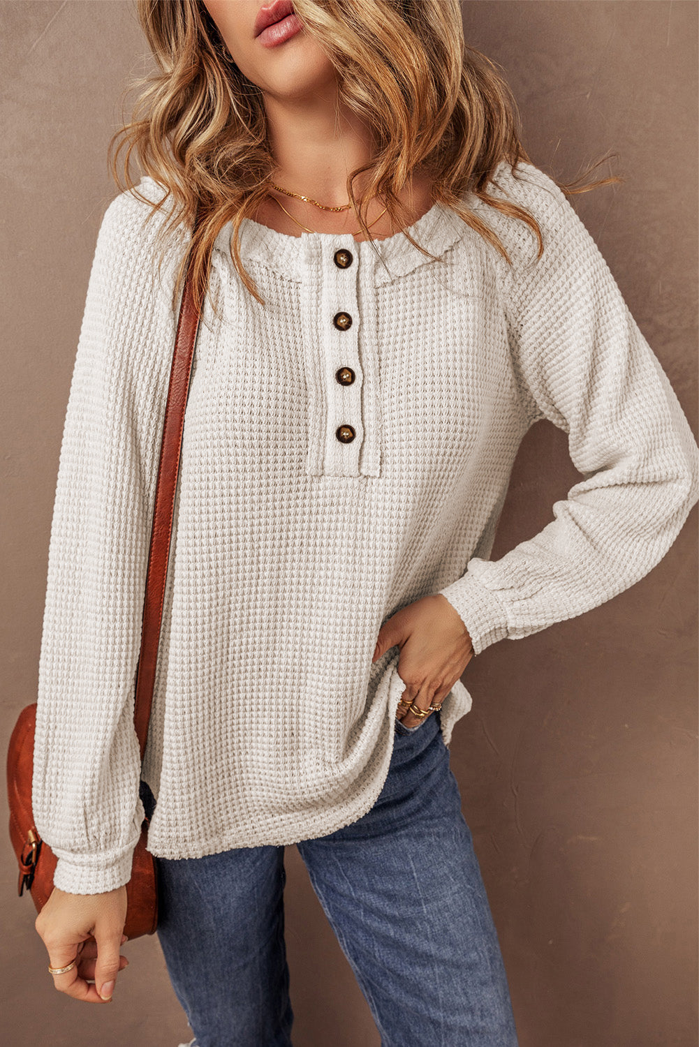 Cream Waffle Knit Buttoned Front Blouse