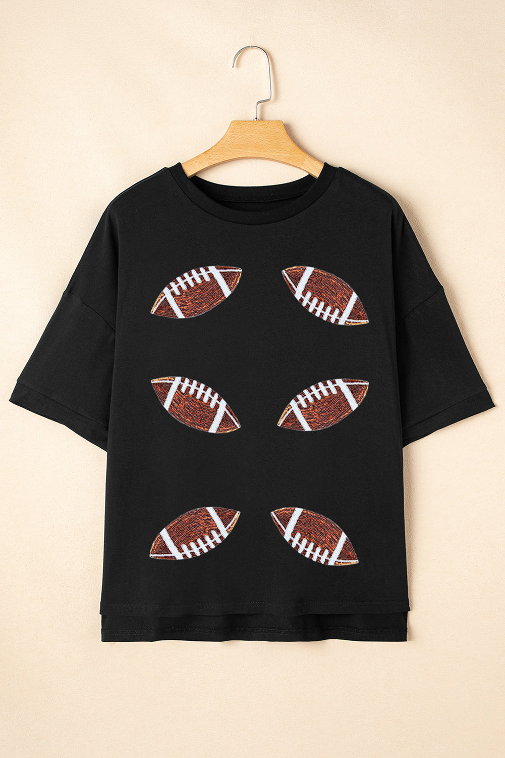 Black Sequin Football Crewneck T Shirt