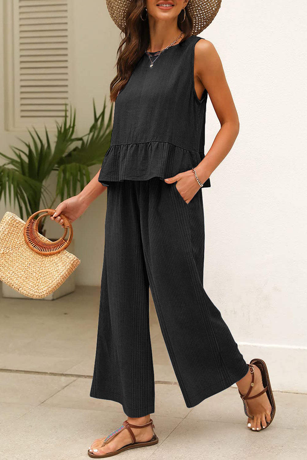 Black Ribbed Ruffle Tank Top and Pants Set