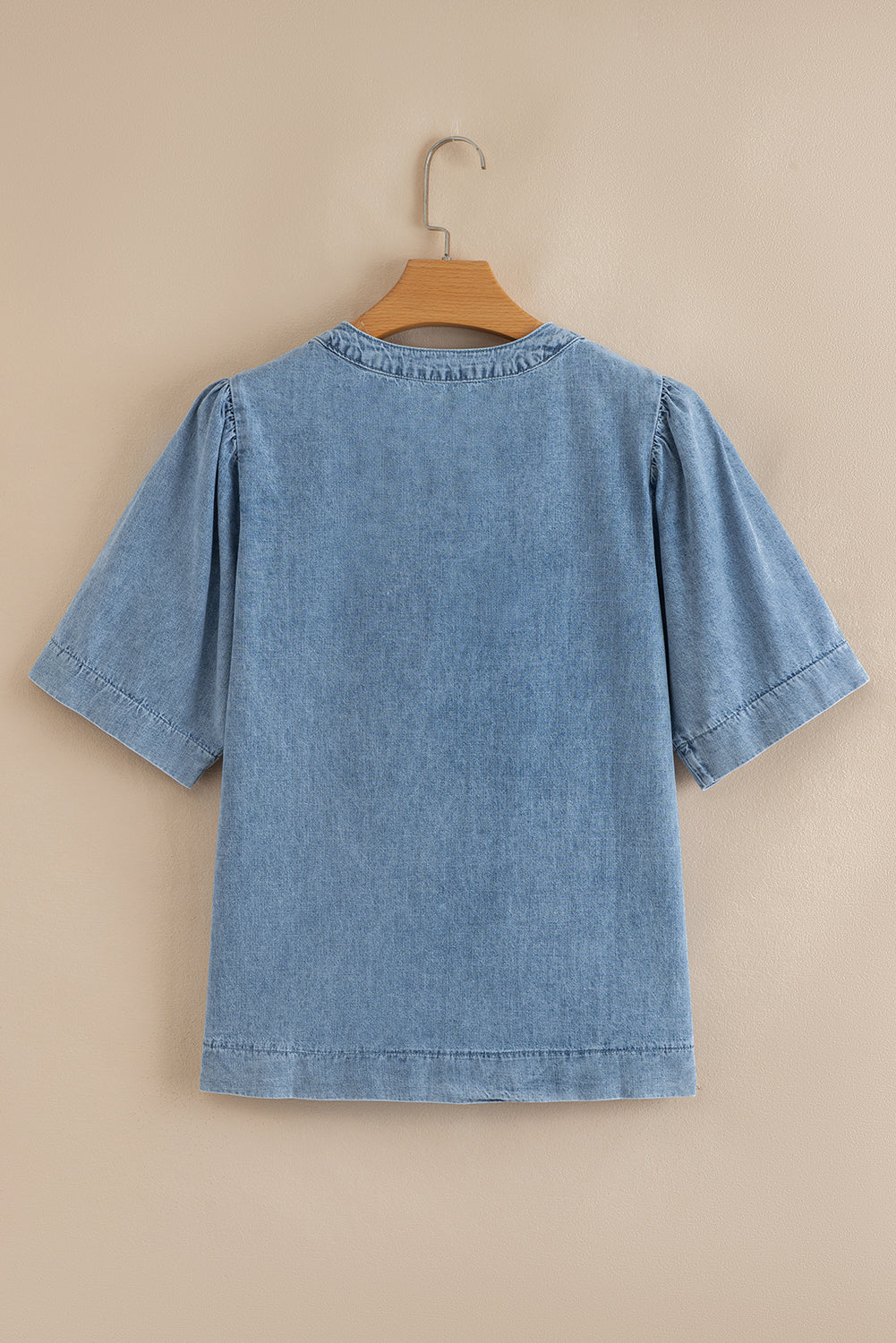 Denim Pintuck Pleats Puff Sleeve V Neck Top