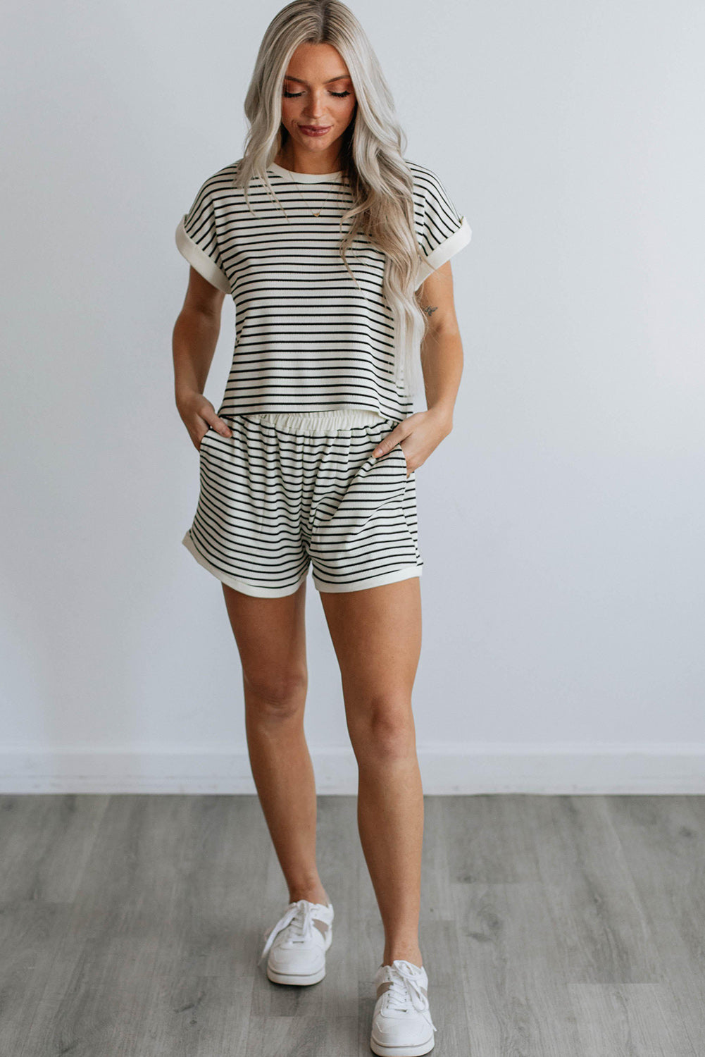 White Stripe Contrast Tee and Shorts Set