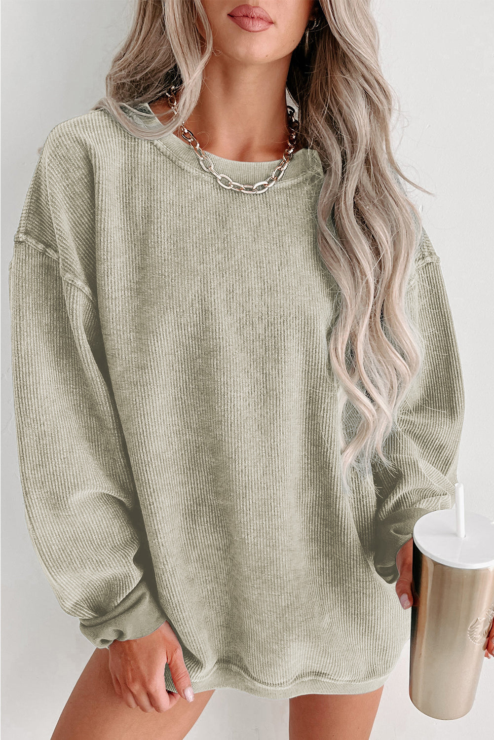 Green Solid Ribbed Knit Pullover Sweatshirt
