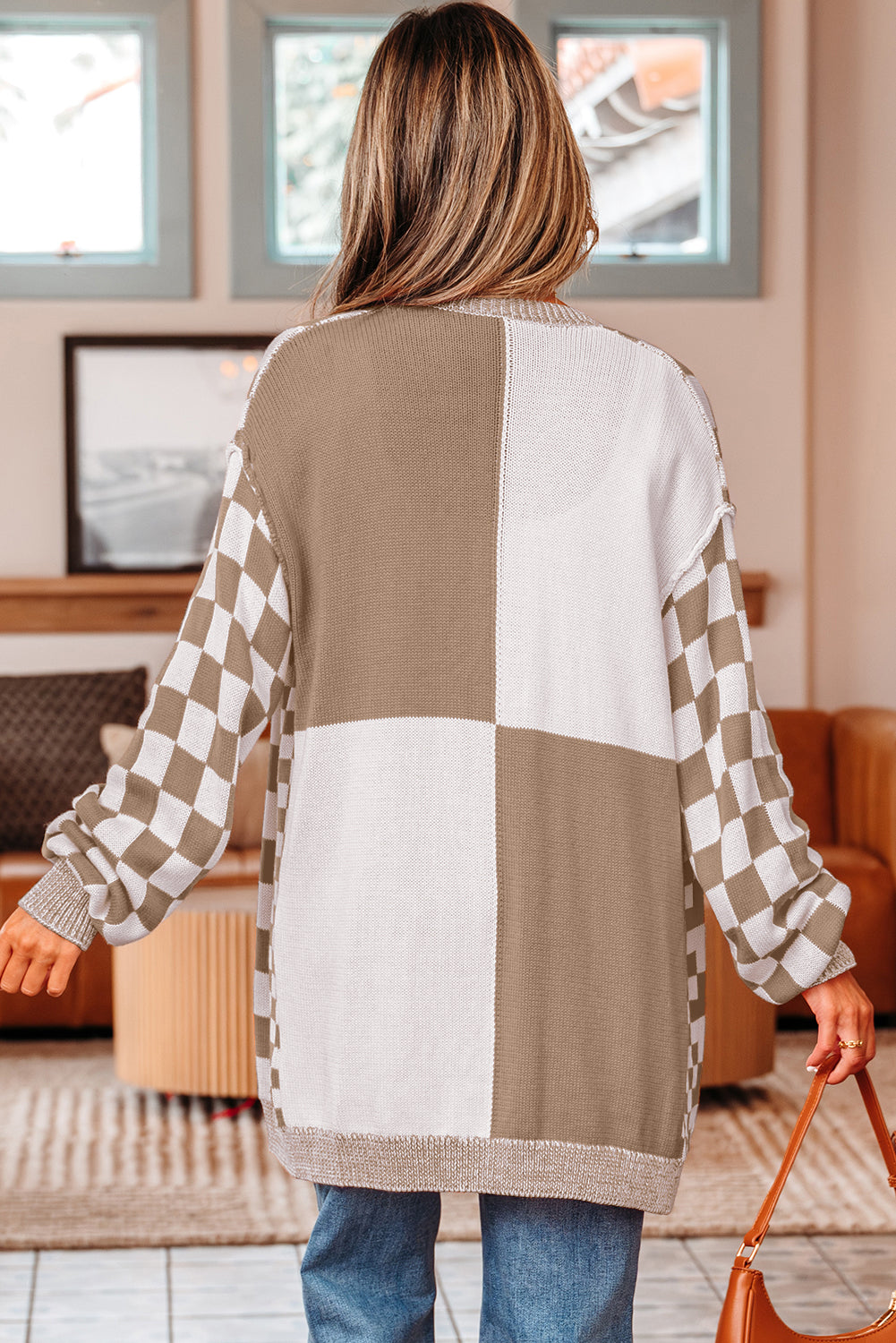 Brown Checkered Open Front Cardigan