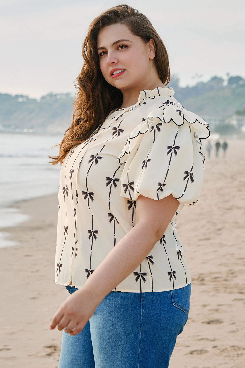 Apricot Bow Printed Bubble Sleeve Plus Size Blouse